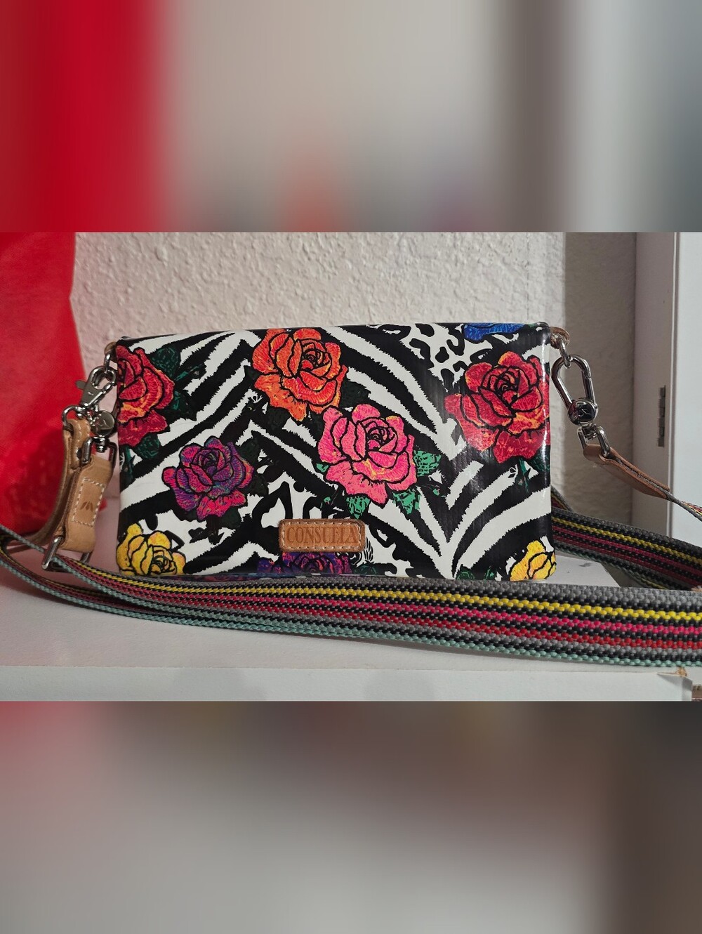 Consuela Black & White Zebra Floral Crossbody with Multicolor Roses